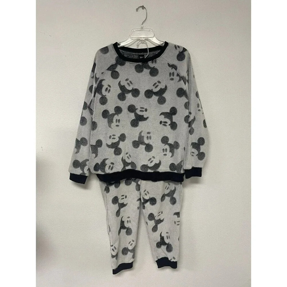 Disney Mickey Mouse Pajama‎ Set Women's Med Gray Black 2 Piece Fleece Jogger